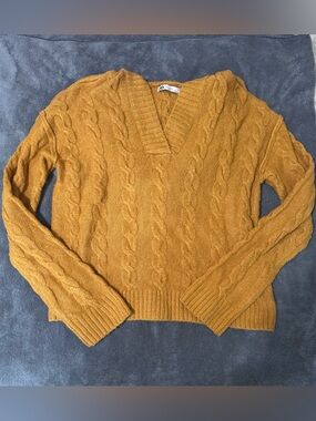 SO Cable Knit V-Neck Hooded Sweater - Mustard Yellow